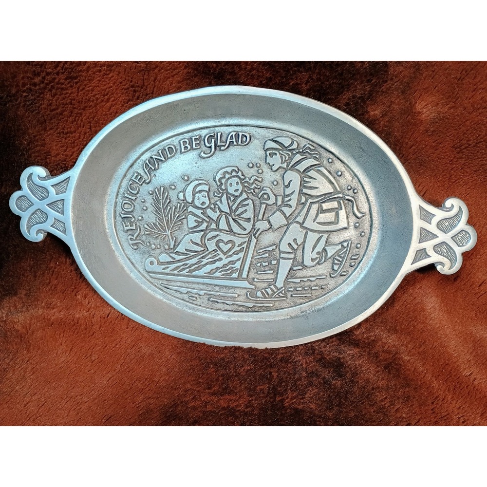 Vtg Pewter Phila House Serving Tray Oval Dish Christmas Rejoice Be Glad Israel